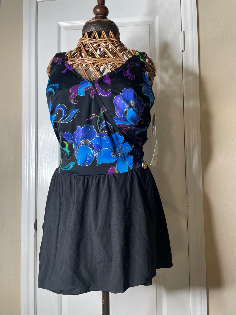 Longitude Black One-Piece Swimdress with Blue and Purple Floral Bodice